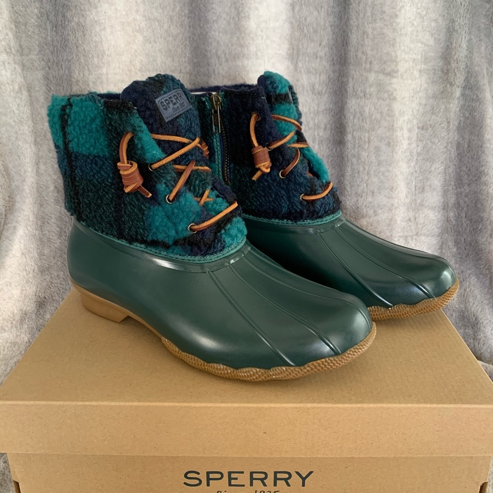 Sperry Saltwater Sherpa Duck Boot Green Plaid